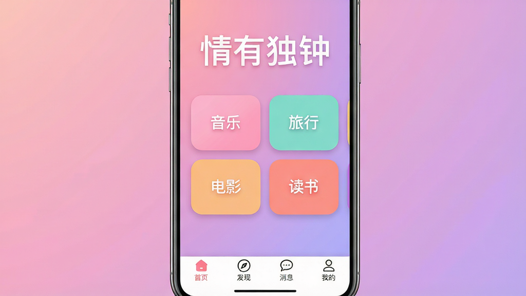 一张手机应用界面截图,画面中央展示「情有独钟」App的主页,背景是柔和的粉紫色渐变,页面顶部有「情有独钟」四个大字,下方排列着几个兴趣标签卡片,如音乐、旅行、电影、读书,卡片圆角设计,配色清新,底部导航栏有首页、发现、消息、我的四个图标,整体风格现代简洁,画质干净无多余元素