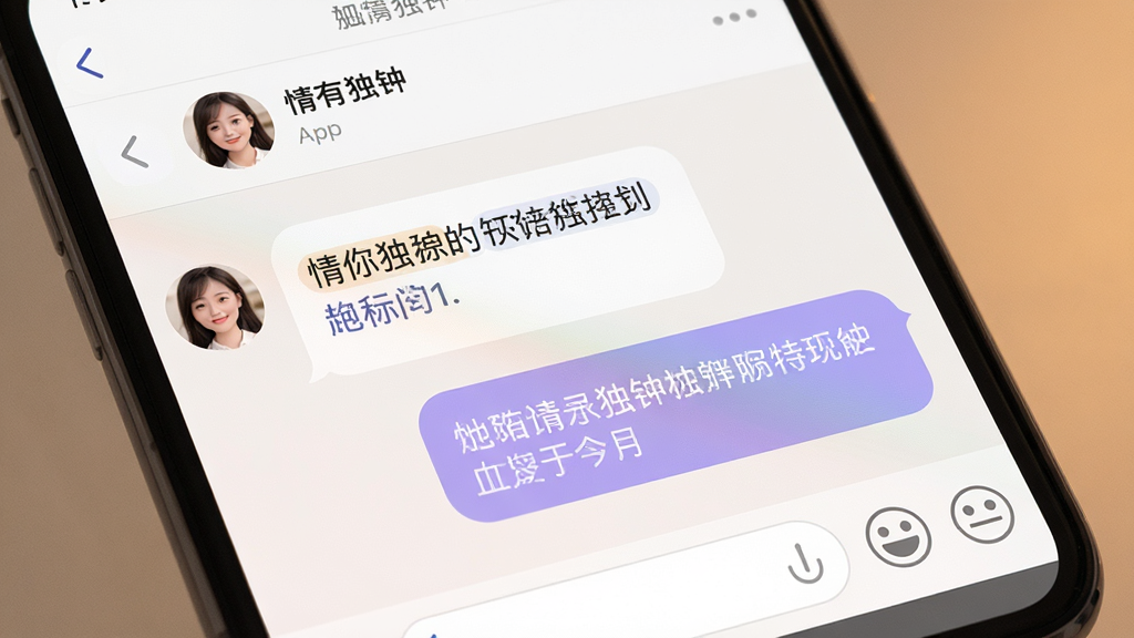 一张手机聊天界面的特写图,画面中显示「情有独钟」App的聊天窗口,左侧是对方发来的消息气泡,右侧是自己的回复,气泡颜色分别为白色和淡紫色,顶部有对方头像和昵称,底部是输入框和表情按钮,背景干净,界面布局清晰,整体风格温馨友好,画质细腻