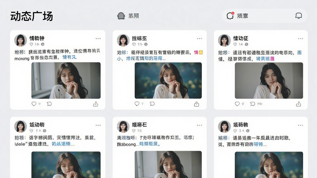 一张展示「情有独钟」App动态广场界面的图片,画面中排列着多个用户发布的动态卡片,每张卡片包含用户头像、昵称、文字内容和配图,卡片之间有间距,背景为浅灰色,顶部有「动态广场」标题,整体布局整齐,风格清新,画质干净