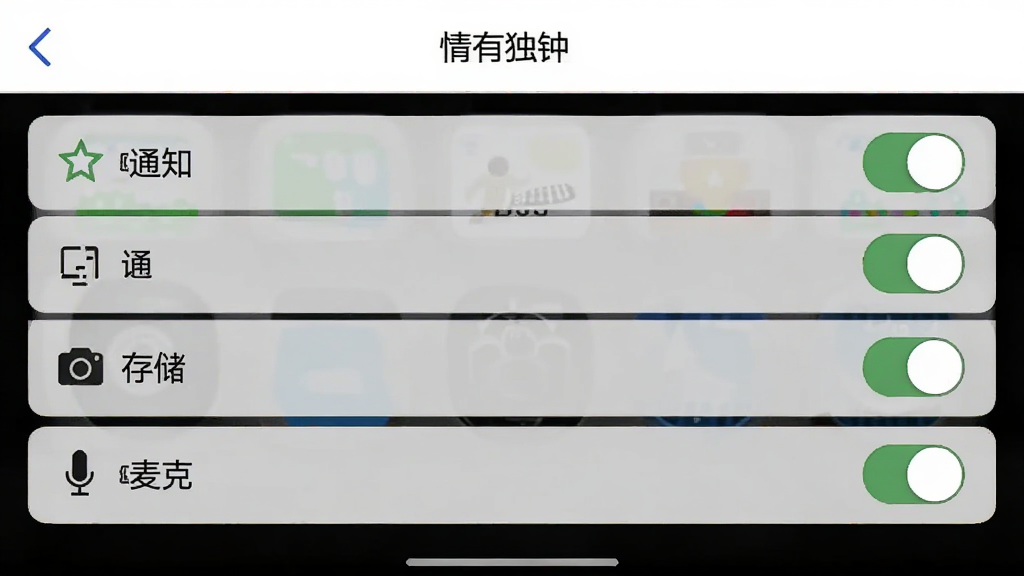一张手机屏幕截图,画面显示「情有独钟」App的权限设置页面,列表中有通知、存储、相机、麦克风等选项,每个选项旁边有开关按钮,界面简洁,背景白色,文字清晰,整体风格干净无多余元素