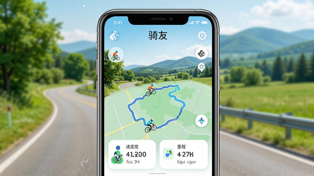 ����������һ���ֻ���Ļ����Ļ����ʾ�š����ѡ�App�������棬������һ�����ѵ���幫·��·����������Զɽ����Ļ��չʾ�����й켣��ͼ���ٶ����ݺ���̼�¼���������������ϸ�ڰ����ֻ��߿�Ľ������󡢽���ͼ���Բ��У����ʸɾ��������޶���Ԫ��