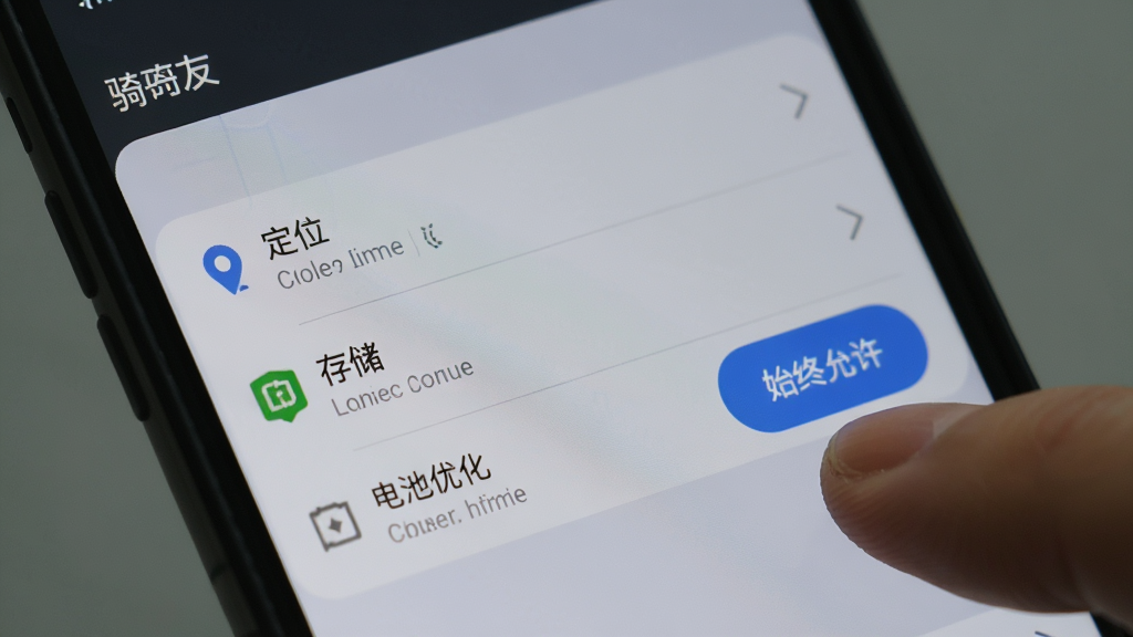 �ֻ���Ļ��ʾ�����ѡ�App��Ȩ�����ý��棬�ж�λ���洢������Ż���ѡ��Ա�����ָ���ڵ����ʼ����������ť�������Ǽ��Ļ�ɫ����ҳ�����дʵ��ϸ�ڰ�����ť�ĸ���Ч���������������޶���Ԫ��