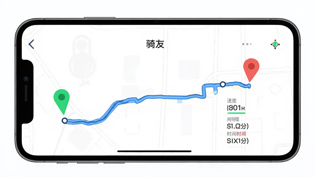 һ���ֻ�����չʾ�����ѡ�App�Ĺ켣��¼ҳ�棬����������������ɫ����·��ͼ�������յ�����ɫ�ͺ�ɫ��ǣ��Ա���ʾ�ٶȡ�ʱ���������ݣ������Ǽ�Լ�İ�ɫ�ף�����ִ���ƽ�����ʸɾ����޶���Ԫ��