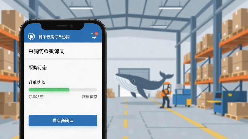 一张展示鲸采云SRM采购订单协同界面的图片,画面中手机屏幕显示采购订单详情页,有订单状态进度条和供应商确认按钮,背景是工厂仓库场景,风格现代扁平,画质清晰,干净无多余元素