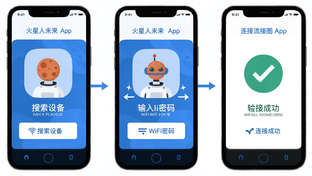 ������δ����App�����豸��������ͼ���ֻ���Ļ��ʾ�������裬�������豸������WiFi�����ٵ����ӳɹ��������࣬������ɫ����ƽ����ƣ����ʸɾ����޶���Ԫ��