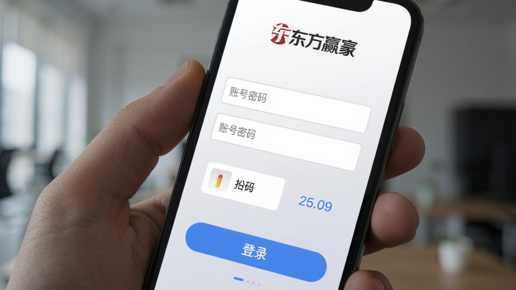 ����Ӯ��App�Ľ��׵�¼���棬�ֻ���Ļ������ʾ���˺�������������֤�������·�����Ŀ����ɫ��¼��ť�������Ǽ��İ�ɫ��ǳ��ɫ���䣬ҳ�涥���ж���Ӯ�ҵ�Logo��ʶ��������ɾ����񣬻�������������Ԫ��