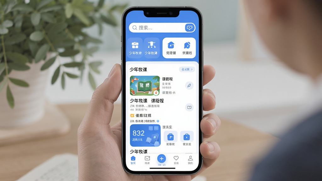 �������� �ֻ�Ӧ�ý���չʾ��������һ����ˬ��ѧϰ��������App��ҳ�������Ϸ�Ϊ�������͹�����ڿ�Ƭ���м��ǿγ��б��͹��������ײ�Ϊ���������Ű������򣬷���ִ���ƽ����������ɫΪ����ϸ��Բ����ͣ����ʸ���ɾ����޶���Ԫ�أ���Ļ��������ʾ���������Ρ�����