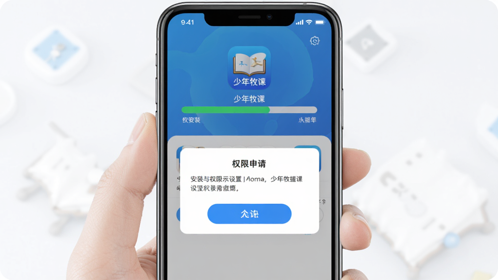 �������� ��װ��Ȩ������ʾ��ͼ������չʾ�ֻ���Ļ��App�İ�װ��������Ȩ�����뵯��������Ϊ�ֻ�������У��Ű����������дʵ�Ƽ��У���ɫ��Ϊ����ϸ�ڰ������������Ρ�ͼ���������ť�����ʸɾ��޶���Ԫ��