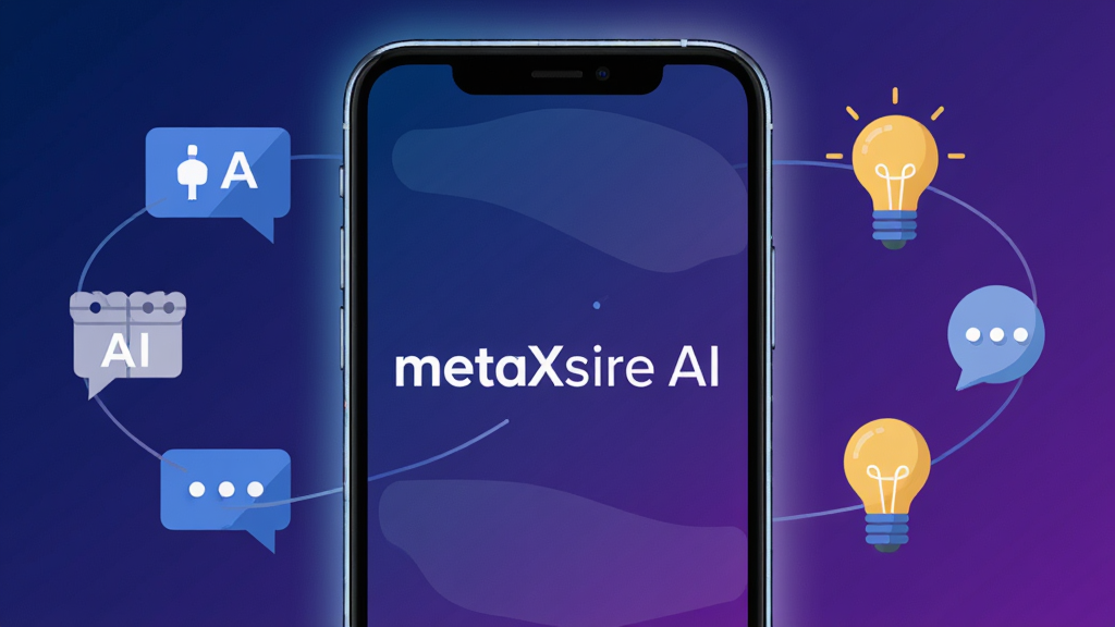 һ��չʾmetaXsire AIӦ�ú���ȫò��ͼƬ��������һ�������ֻ���Ļ����Ļ������ʾ��metaXsire AI�Ļ�ӭ���棬������������Ŀ��metaXsire AI���ֱ�ʶ���ֻ���Χ�����Ŵ���AI���ܡ��Ի����ݡ���е��ݵĳ���ͼ�꣬���ֲ��þ��й�ͼ�����Ϊ�ִ��Ƽ��б�ƽ�廭��ϸ�����ֻ���Ե��΢��Ч������������������ɫ�Ľ��䣬���ʸ��壬����ɾ����޶���Ԫ��