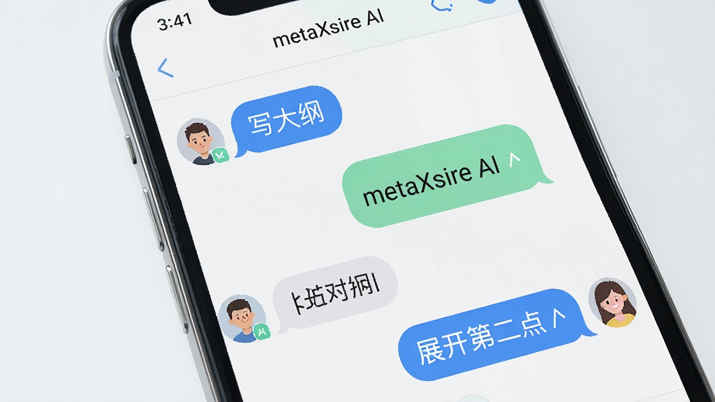 һ��չʾmetaXsire AI���ܶԻ����ܵ�ͼƬ��������һ���ֻ�������棬��������ʾ���û���metaXsire AI֮����ֶԻ������ݣ����������漰��д��١��͡�չ���ڶ��㡱�Ļ���������Ϊ�ֻ���Ļ��д�����Ϊ����UIչʾͼ��ϸ���϶Ի�����Բ����������������Ϊǳɫ�����ʸɾ����޶���Ԫ��