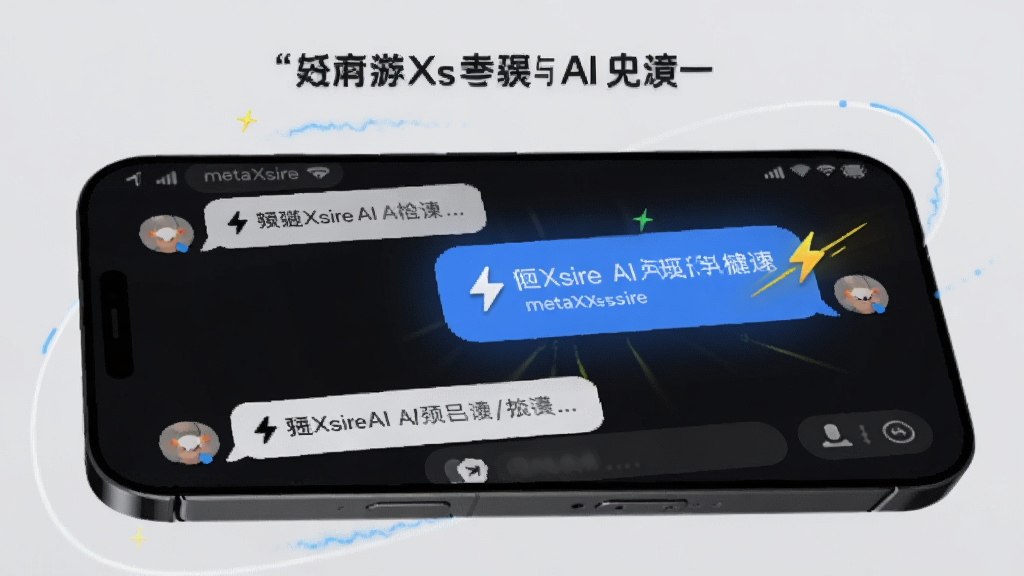 һ��չʾmetaXsire AI������Ӧ���Ե�ͼƬ��������һ���ֻ���Ļ����Ļ����ʾ���û�������Ϣ��AI����ͬʱ�����ظ��ĶԻ����ݣ�����Ϊ���ҷ�����������棬���Ϊ��̬��UIչʾ��ϸ������һ�������ٶȵ�����Сͼ���������ԣ�����Ϊǳ��ɫ�����ʸɾ����޶���Ԫ��
