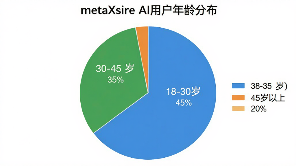 һ��չʾmetaXsire AI�û�����ֲ���״ͼ��ͼƬ��������һ��Բ�α�ͼ����ͼ��Ϊ�����������ֱ��ע��18-30�� 45%������30-45�� 35%������45������ 20%��������Ϊ����չʾ�����Ϊ��ƽ�����ݿ��ӻ�ͼ����ϸ������ɫ�������ԣ���ͼ��˵��������Ϊ��ɫ�����ʸɾ����޶���Ԫ��