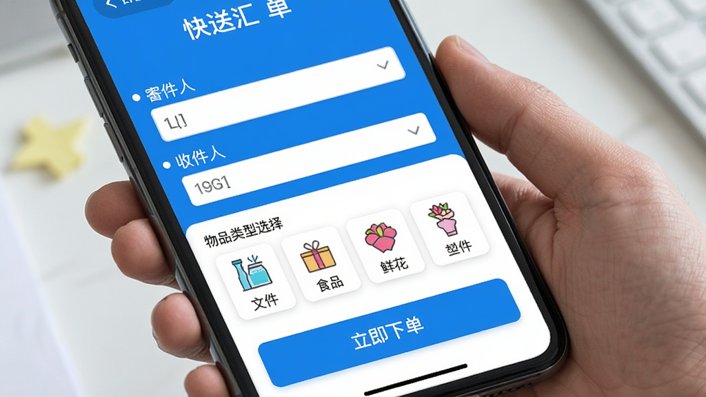 һ�ſ��ͻ�APP�µ�ҳ��Ľ�ͼ���ͼƬ�������������ֻ���Ļ��д����Ļ��ʾ��д�ļ��˺��ռ�����Ϣ�Ľ��棬�·�����Ʒ����ѡ���ļ���ʳƷ���ʻ���ͼ�꣩���ײ�����Ŀ�ġ������µ�����ť�����岼�ּ�࣬������ɫ�����������������д��С����ͻ㡱����
