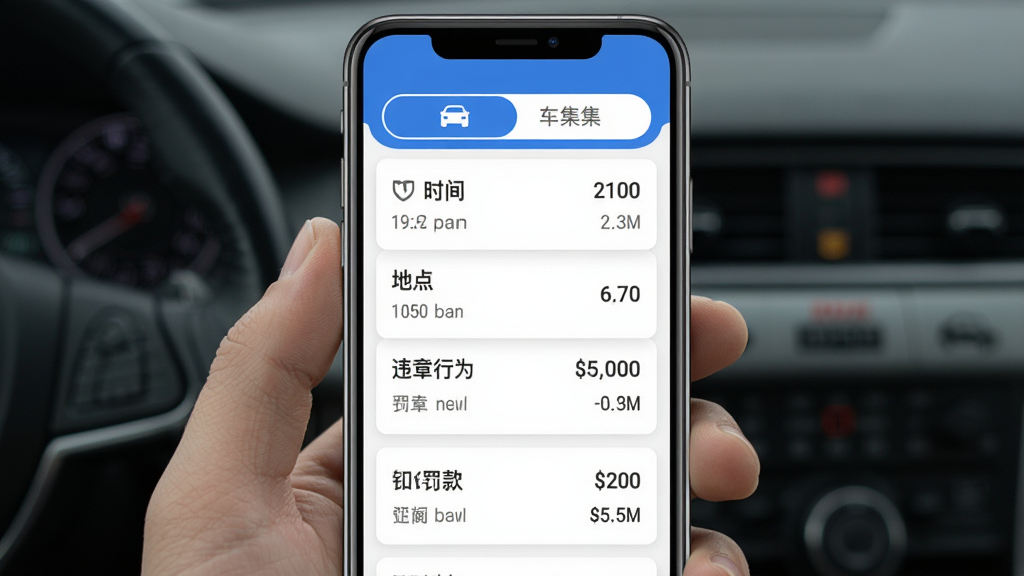 ������Υ�²�ѯ���ܽ��棬�ֻ���Ļ��ʾΥ�¼�¼�б���ÿ����¼����ʱ�䡢�ص㡢Υ����Ϊ�Ϳ۷ַ�����Ϣ�������԰�ɫ��Ƭ������ɫǿ��ɫ�������г���ѡ���л����������Ű����룬���ʸɾ��޶���Ԫ��