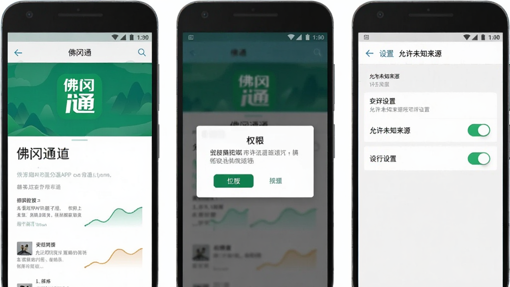 һ��չʾ���ͨAPP�ڰ�׿�ֻ��ϰ�װ���̵�ʾ��ͼ����������ֻ���Ļ��ʾ�����ͨ����װ���桢Ȩ����Ȩ�������Լ������С�����δ֪��Դ�����صĽ��棬���Ϊ��ƽ��UIչʾ���������������ʸɾ��޶���Ԫ��