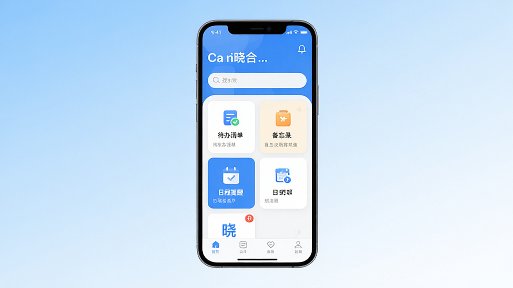 晓合 应用主界面全貌展示,画面中央是手机屏幕,屏幕上显示晓合App的首页布局,顶部是问候语和搜索框,中间是功能卡片式排列,包含待办清单、备忘录、日程提醒等图标,底部是导航栏,整体风格简洁清新,以蓝白色调为主,背景是柔和渐变,画质干净,无多余元素,高清渲染