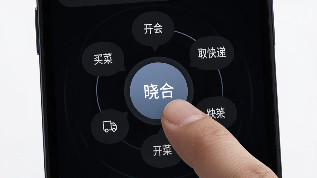 晓合 快捷指令操作界面展示,画面中手机屏幕特写,屏幕中央有一个圆形的快捷按钮,周围环绕着“买菜”“开会”“取快递”等文字标签,手指正在点击其中一个标签,背景是深色模式,风格科技感十足,画质锐利,干净无多余元素