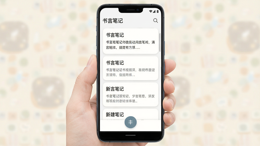 ���Աʼ�Ӧ��������ȫòչʾ������������һ����׿�ֻ����ֻ���Ļ����ʾ���Աʼ�APP����ҳ�������С����Աʼǡ�Ӧ�����ƺ�����ͼ�꣬�м��Ǳʼ��б���Ƭ����Ƭ���б����ժҪ���֣��ײ����½��ʼǵ�Բ�ΰ�ť�����岼�ּ�࣬�Ű�����������ִ���ƽ����ϸ��Բ�󣬱���Ϊǳɫ�����ʸɾ����޶���Ԫ��