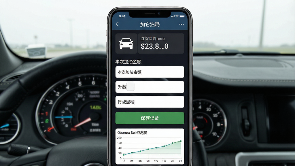 �����ͺ�����������չʾ���ֻ���Ļ������ʾ�������ͺġ�APP�ļ��ͼ�¼ҳ�棬�����г���ͼ��͵�ǰ�ͼ���ʾ���м��Ǳ��μ��ͽ���������ʻ��̵�����򣬵ײ��С������¼����ť���ͺ�����Сͼ��������Ϊ��ɫ��ʻ�շ���Ǳ���Ԫ�ص�׺�����岼�������������޶���Ԫ�أ����ʸɾ�����