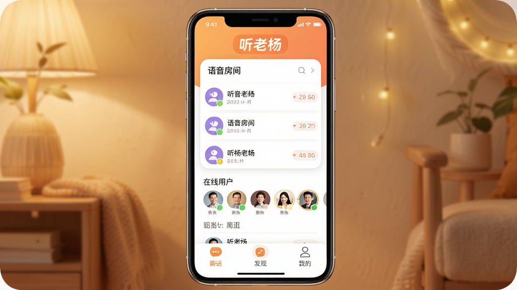 �������������콻������������չʾ�������������ֻ���Ļ����Ļ����ʾ������APP����ҳ�������С���������ֱ�ʶ���м������������б��������û�ͷ�񣬵ײ������졢���֡��ҵ�����������ť����������ܰ��ůɫ��������ִ���࣬ϸ��Բ�󣬻��ʸɾ��޶���Ԫ��