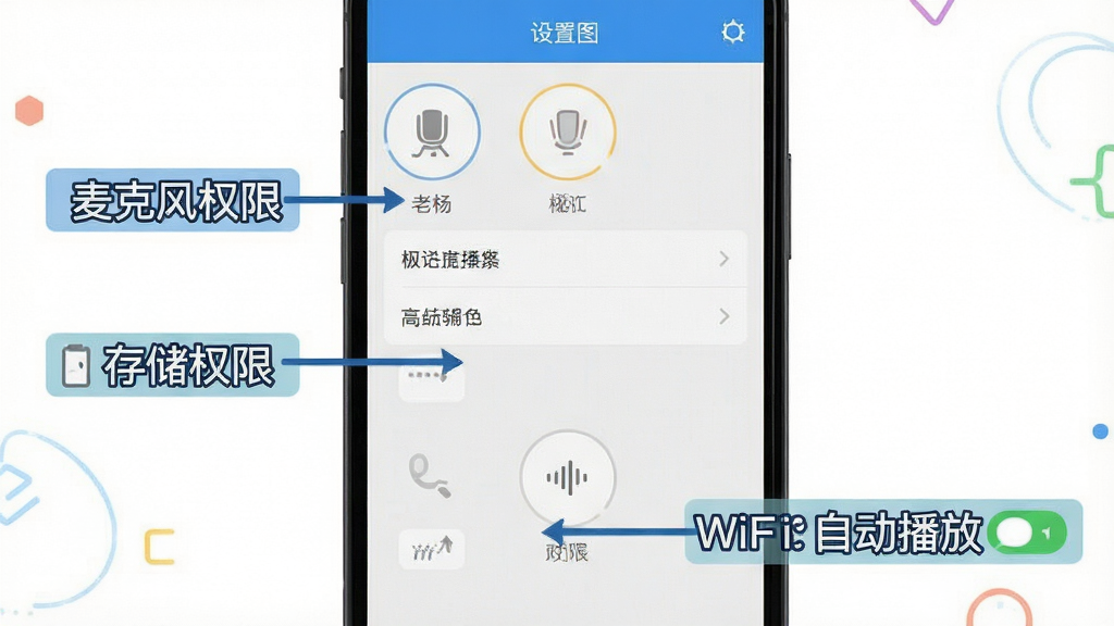 ������APP���ֲ���ָ��ͼ������չʾ�ֻ���Ļ�ϵ����ý��棬��ע����˷�Ȩ�ޡ��洢Ȩ�޺�WiFi�Զ����ſ��ص�λ�ã��������࣬���ֱ�ע���������ʸɾ��޶���Ԫ��