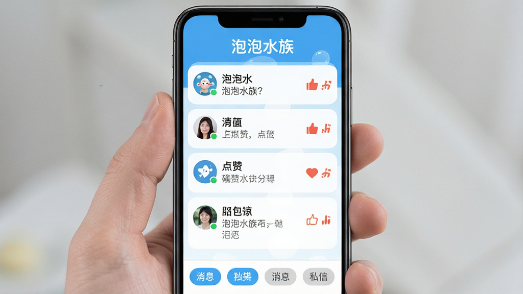 һ���ֻ���Ļչʾ������ˮ�塱App����Ϣ֪ͨ���棬�����С�����ˮ�塱���ֱ�ʶ���м��ǻظ������ޡ�˽�ŵ�֪ͨ�б���ÿ��֪ͨ���û�ͷ��ͼ�����ݣ��ײ�����Ϣ�����ǩ���������࣬��ɫ��ˬ����������