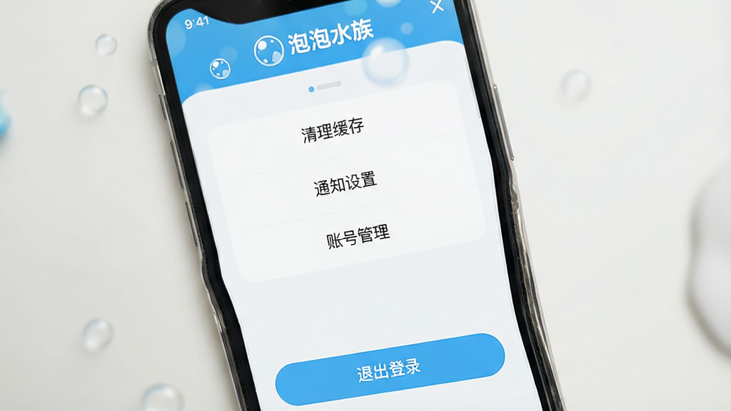 һ���ֻ���Ļչʾ������ˮ�塱App�����ý��棬�����С�����ˮ�塱���ֱ�ʶ���м��С��������桱��֪ͨ���á����˺Ź�������ѡ��ײ����˳���¼��ť���������࣬��ɫ��ˬ�������������޶���Ԫ��