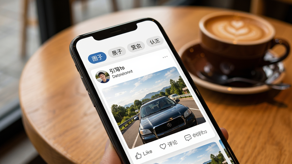 һ��չʾ������App�������������ͼƬ���������ֻ���Ļ��ʾ���ѷ������Լ���ͼ�����ӣ���ͷ���ǳơ����޺����۰�ť��������Ȧ�ӷ����ǩ��������ůɫ���Ŀ��ȹ����棬����������ܰ�����ʸɾ����޶���Ԫ��