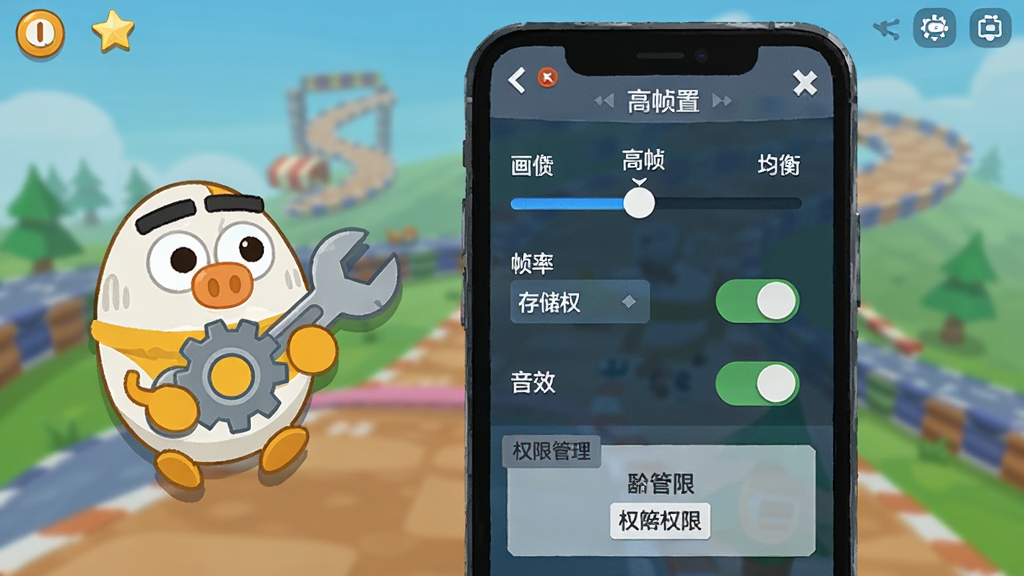 蛋仔派对手机端新手设置界面截图风格插画,画面主体是一部智能手机屏幕显示游戏设置菜单,包含画质调节滑块、帧率选项、音效开关和权限管理入口,布局采用手机正面竖屏展示,左侧悬浮着卡通蛋仔角色拿着齿轮扳手,风格为扁平化科技插画,细节包括屏幕上的清晰文字标签「均衡」「高帧率」「存储权限」、背景中若隐若现的赛道元素,画质干净无多余元素