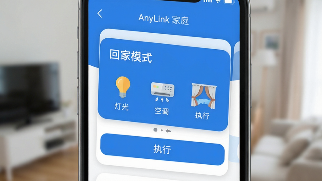 AnyLink Home ����һ��ִ�й���չʾ���ֻ���Ļ��ʾ���ؼ�ģʽ����Ƭ����Ƭ�ڰ����ƹ⡢�յ�������ͼ�꣬�·���ִ�а�ť��������ˬ��������ɫ����ƽ����ƣ����ʸɾ��޶���Ԫ��