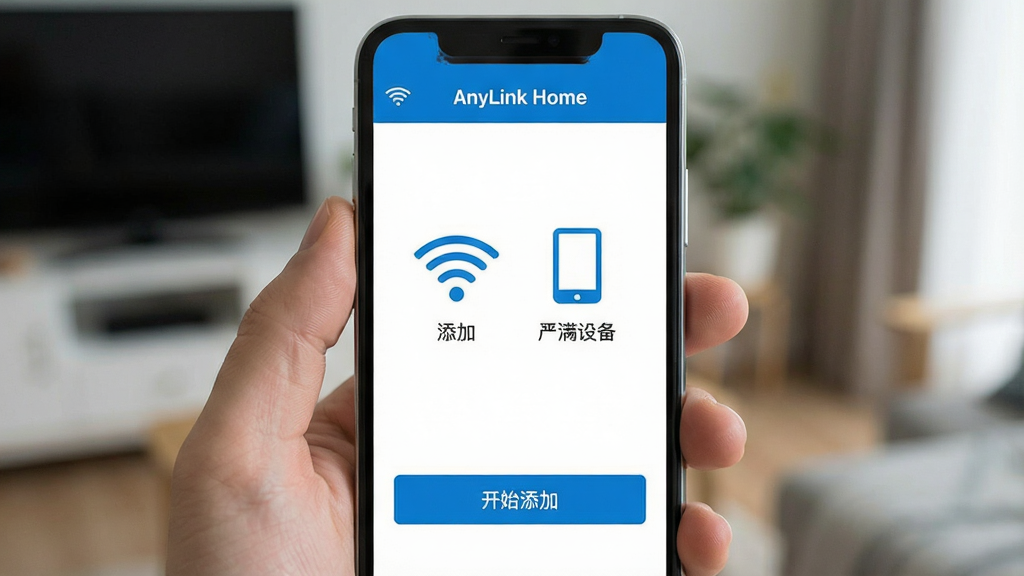 AnyLink Home �������ý��棬�ֻ���Ļ��ʾ�����豸����ҳ����WiFiͼ����豸ͼ�꣬�·��С���ʼ���ӡ���ť�������࣬������ɫ����ƽ��񣬻��ʸɾ��޶���Ԫ��