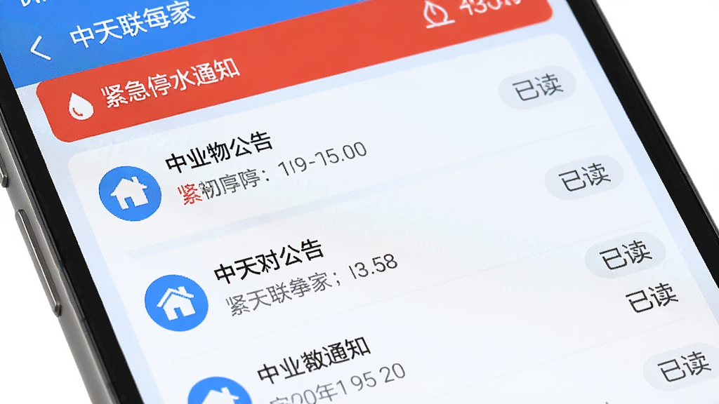 �ֻ���Ļ��д����ʾ��������ÿ�ҡ�APP������֪ͨҳ�棬������һ����ɫ�ö��ġ�����ͣˮ֪ͨ�����·��б���ʱ����������ҵ�����ĸ��๫�棬ÿ��֪ͨ�Ҳ��С��Ѷ���״̬��ǣ�����ɾ���������ɫ������������