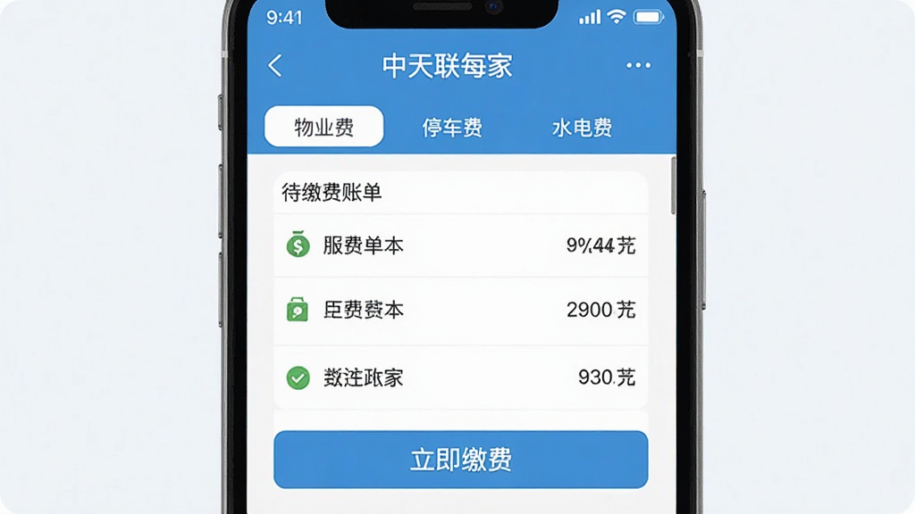 һ���ֻ�Ӧ�ý���ͼ��չʾ��������ÿ�ҡ�APP������ɷ�ҳ�棬�����С���ҵ�ѡ���ͣ���ѡ���ˮ��ѡ�����ѡ����м��Ǵ��ɷ��˵��б����ײ��С������ɷѡ���ť�����岼������������ִ���ƽ�����ʸɾ���