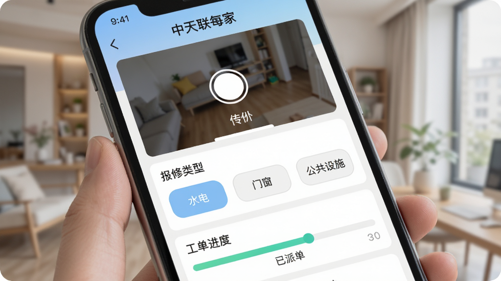 �ֻ���Ļ��ʾ��������ÿ�ҡ�APP�ı���ҳ�棬�Ϸ��������ϴ������м��Ǳ�������ѡ��ˮ�硢�Ŵ���������ʩ�����·��ǹ�������������ʾ�����ɵ���״̬��������������ɫ��ͣ����ʸɾ���