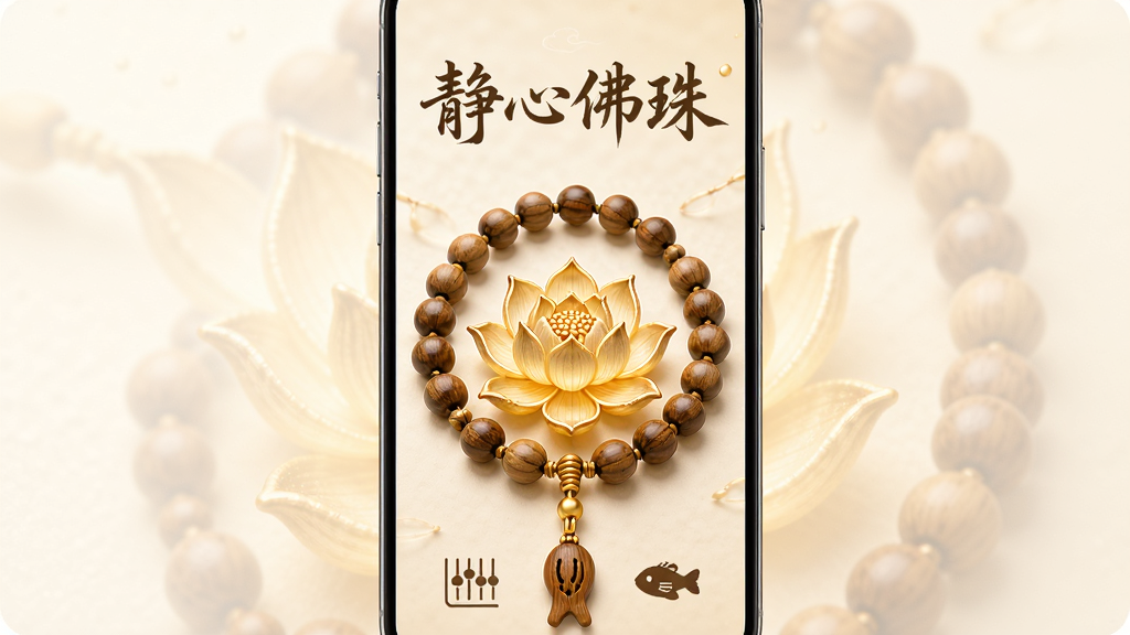 手机屏幕竖版构图,画面中央是一串木质佛珠手串环绕着发光的金色莲花,背景是淡雅的米白色渐变,顶部用毛笔字体写着
