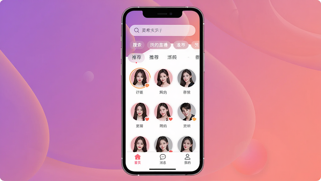 һ��չʾ��ϣAPP���Ľ�����ֻ�����ͼ�������������ֻ���Ļ����Ļ����ʾ��ϣֱ�����������������������Ƽ���ǩ���м��Ƕ��������Բ��ͷ�����У��ײ�����ҳ����Ϣ���ҵ���������ͼ�꣬������ɫΪ��ů�Ľ����Ϸ�ɫ������ִ���࣬ϸ��Բ�󣬻��ʸɾ����޶���Ԫ��