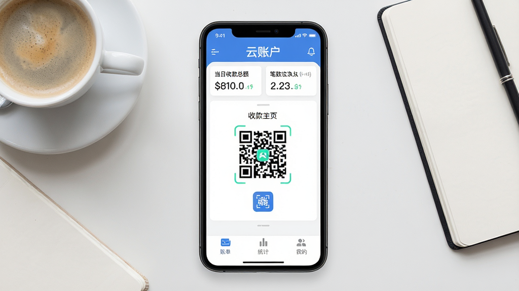 һ��չʾ���˻�App���Ľ�����ֻ�����ͼ�������������ֻ���Ļ����Ļ����ʾ���˻����տ���ҳ���Ϸ��е����տ��ܶ�ͱ���ͳ�ƣ��м�����Ŀ���տ��ά���ɨ��ͼ�꣬�ײ����˵���ͳ�ƺ��ҵ�����ѡ��������Ǽ���ǳɫ���棬�Ա߷���һ�����Ⱥ�һ���ʼǱ����������ִ���ƽ�����ʸɾ��������޶���Ԫ�ء�