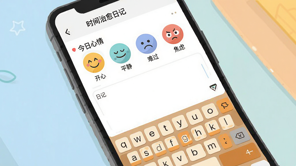 һ���ֻ���Ļ��ͼ���Ĳ廭�������С�ʱ�������ռǡ�App���ռǱ༭ҳ�棬�Ϸ��С��������顱��Բ��ͼ��ѡ�������ֱ��ע�����ġ���ƽ�������ѹ��������ǡ����·��ǿհ׵��ռ�������ůɫ���ļ��̣����岼������������ִ���ƽ�����ʸɾ�