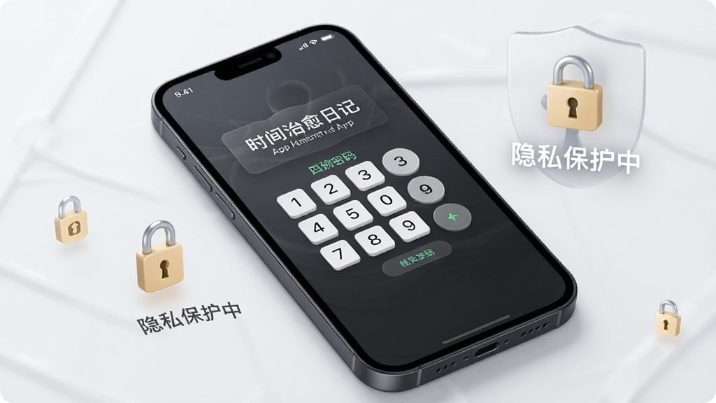 һ��չʾ��ʱ�������ռǡ�App��˽�������ܵ�ʾ��ͼ���������ֻ���Ļ��ʾһ����λ����������棬��������ɫĥɰ�ʸУ���Χ������ͼ��͡���˽�����С�������������ȫ�����ȣ����ʸɾ�