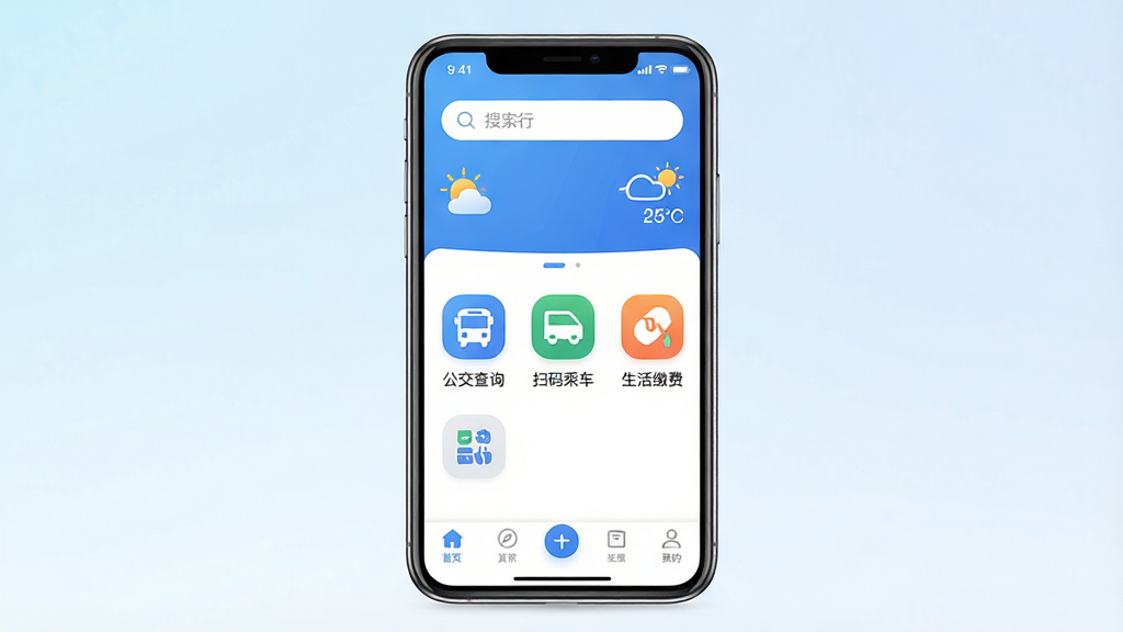 һ���ֻ�Ӧ�ý���չʾͼ������������һ���ִ������ֻ�����Ļ����ʾ�š��۰��С�App����ҳ����ҳ�����Ǽ�������ɫ�����������������������Ϣ���м��ǹ�����ѯ��ɨ��˳�������ɷѵȹ���ͼ���������룬�ײ��ǵ��������������ִ���ƽ��ͼ��Բ�����������ʸɾ�����������Ϊ��ɫ���䣬�޶���Ԫ��