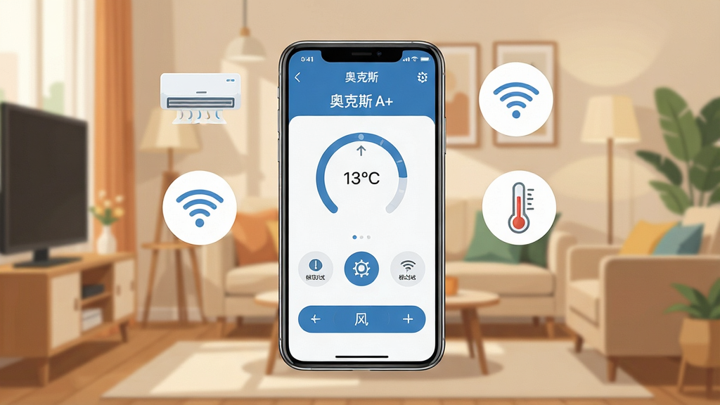 һ��չʾ���¿�˹A+���ֻ�App�����ƽ����ͼƬ������������һ���ִ������ֻ�����Ļ����ʾ���¿�˹A+��App�Ŀյ�������壬���¶ȵ���Բ�̡�ģʽ�л�ͼ��ͷ��ٰ�ť���ֻ���Χ�����ſյ���WiFi�źź��¶ȼƵ�Сͼ�꣬���������ʵľӼҿ������������岼������������ͻ��������ִ���ƽ����ϸ�ڸɾ����࣬���ʸ����޶���Ԫ��