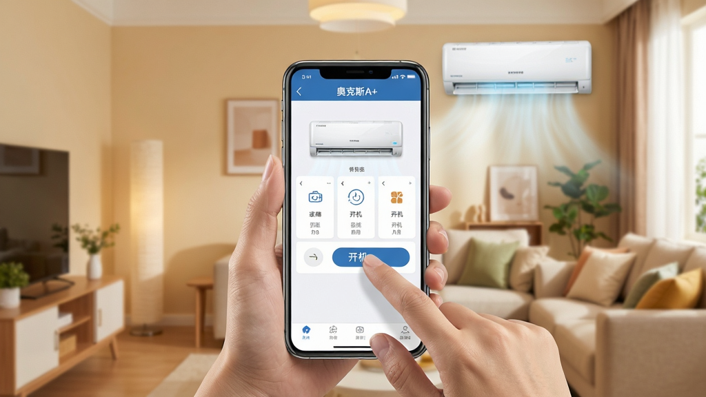 һ��չʾ���¿�˹A+��AppԶ�̿��ƹ��ܵ�ͼƬ��������һֻ�������ֻ����ֻ���Ļ����ʾ���¿�˹A+��App�Ŀյ����ƽ��棬��ָ���������������ť����������ܰ�ľӼҿ������յ��Ѿ����������������������������죬���־��У�ϸ�����������ʸɾ����޶���Ԫ��