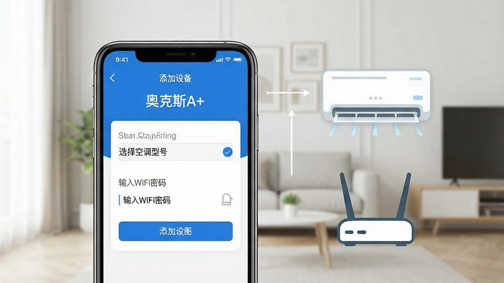 һ��չʾ���¿�˹A+��App���������ͼƬ���������ֻ���Ļ��ʾ�����豸���棬�С�ѡ��յ��ͺš�������WiFi���롱�Ȳ�����ʾ���Ա��пյ���·������ͼ�꣬�����Ǽ��ļҾӻ������������ֱ�ۣ����ֺ�����ϸ�ڸɾ������ʸ����޶���Ԫ��
