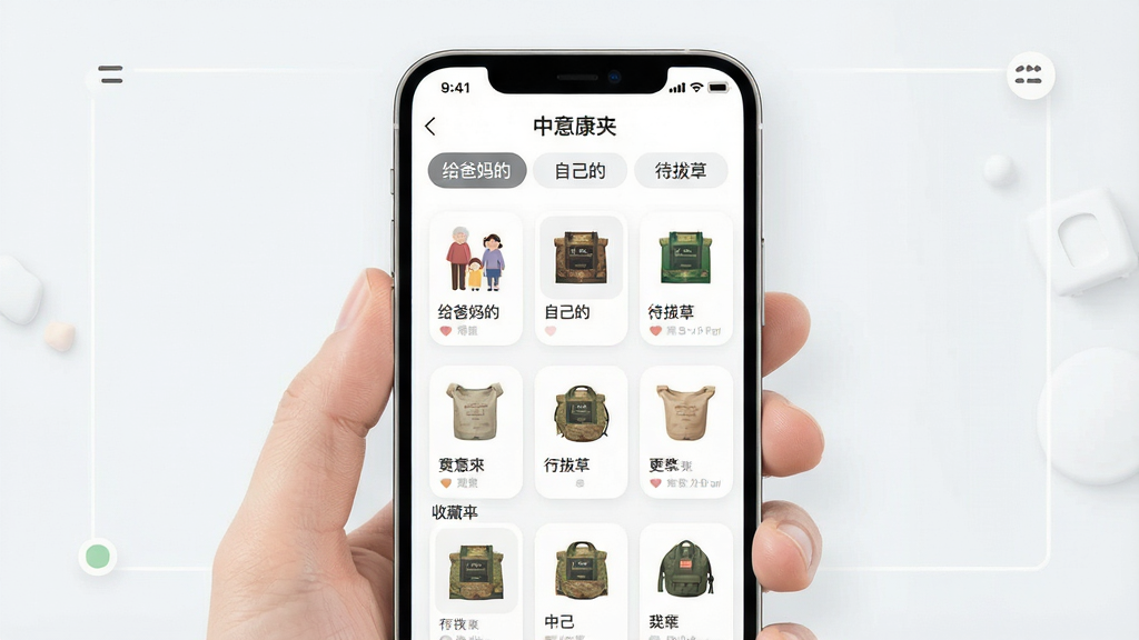 һ��չʾ���⿵ѡ�ղؼй��ܵ�ͼƬ����������Ϊ�ֻ���Ļ����Ļ����ʾ�ղؼ�ҳ�棬�С�������ġ����Լ��ġ������βݡ����������ǩ��ÿ���������м����Ʒ��Сͼ�����ơ������������Ű����룬����ִ���Լ��ϸ��Բ�󣬻��ʸɾ����޶���Ԫ�ء�