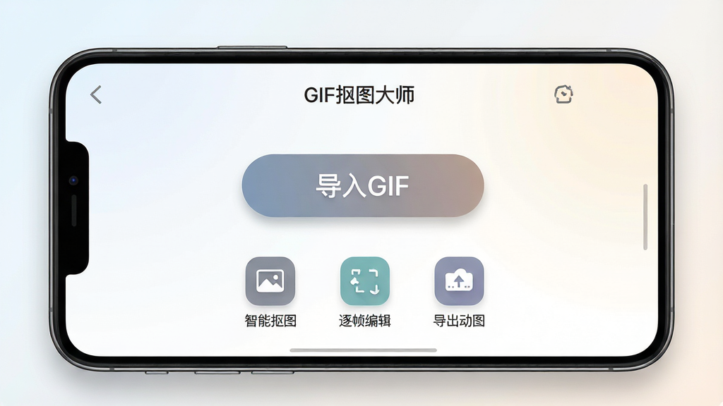 һ��չʾGIF��ͼ��ʦ�����������ͼƬ��������һ�������ֻ���Ļ����Ļ����ʾ��GIF��ͼ��ʦ��Ӧ�ý��棬������������Ŀ�ġ�����GIF����ť���·��С����ܿ�ͼ������֡�༭����������ͼ����������ͼ�꣬���ּ���������Ű�Ϊ�ֻ�����ƽ��չʾ�����Ϊ�ִ���ƽ����ƣ�ϸ���ϰ�ť������΢��Ӱ��Բ�ǣ�������ǳɫ���䣬���ʸ��壬����ɾ����޶���Ԫ��