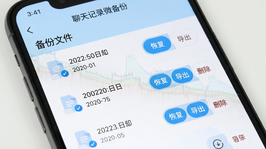 �ֻ���Ļ��д����ʾ�������¼΢���ݡ�APP�ı����ļ��������棬�б��������Ŷ�������������ı����ļ���ÿ���ļ��Ա��С��ָ�������������ɾ�����Ĳ�����ť�������԰�ɫ��ǳ��ɫΪ��ɫ���������������򣬷���Լ�ִ�������ɾ��޶���װ�Σ�����ϸ��