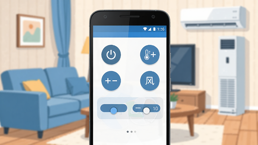 �ǻ�����ң�����ֻ�App�������ͼ����������չʾһ����׿�ֻ����ֻ���Ļ��ʾң������ť��壬������Դ�����¶ȼӼ������ٵ��ڵ�ͼ�꣬��������ܰ�Ŀ���������ɳ�����輸���յ������Լ�ɼ�������ִ���ƽ����������ɫΪ�������������ɾ����޶���Ԫ��