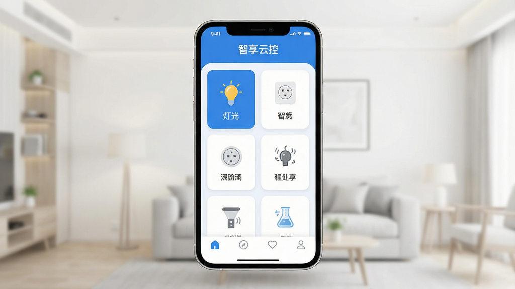 һ��չʾ�����ƿ�Ӧ���������ͼƬ�������������ֻ���Ļ����Ļ����ʾ�����ƿص�App���棬���涥���С������ƿء����ֱ�ʶ���м������������豸�б���Ƭ�������ƹ⡢��������������ͼ�꣬�ײ��Ǽ��ĵ�������������������������ɫΪ��������ִ���ƽ��ϸ��Բ�󣬻��ʸɾ����޶���Ԫ�ء�