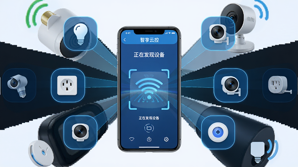 һ��չʾ�����ƿ��豸�Զ����ֹ��ܵ�ͼƬ��������һ���ֻ���Χ�����Ŷ�������豸ͼ�꣬����ݡ�����������ͷ�ȣ��ֻ���Ļ����ʾ�����ƿص�ɨ����棬�С����ڷ����豸����������ʾ���������ֻ�Ϊ���ĳʷ���״�����Ƽ������ಢ�棬�����������޶���Ԫ�ء�