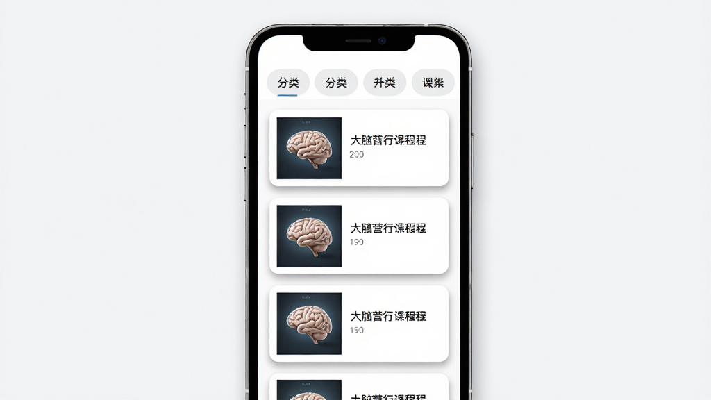 һ��չʾ����Ӫ�пγ��б������ͼƬ���������ֻ���Ļ�������϶����Ƿ����ǩ�����м����������еĿγ̿�Ƭ��ÿ�ſ�Ƭ�пγ̷���ͱ��⣬�Ű����룬��������Լ��ϸ���Ͽ�Ƭ����΢��Ӱ�������������ɾ����޶���Ԫ��